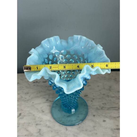 Vintage Fenton Aqua Blue Opalescent Glass Hobnail 8” Ruffled Cone Shaped Vase - Picture 4 of 9